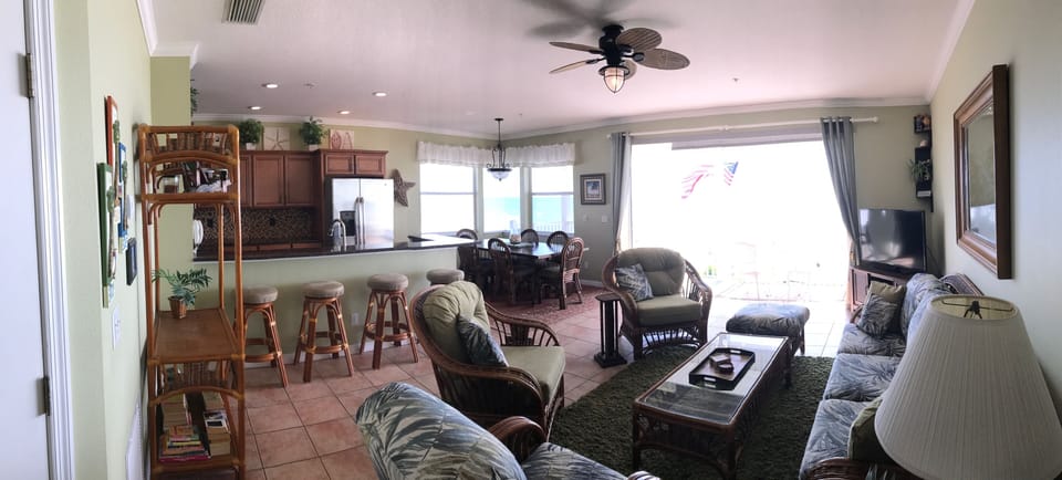 kitchen, dining, and living room