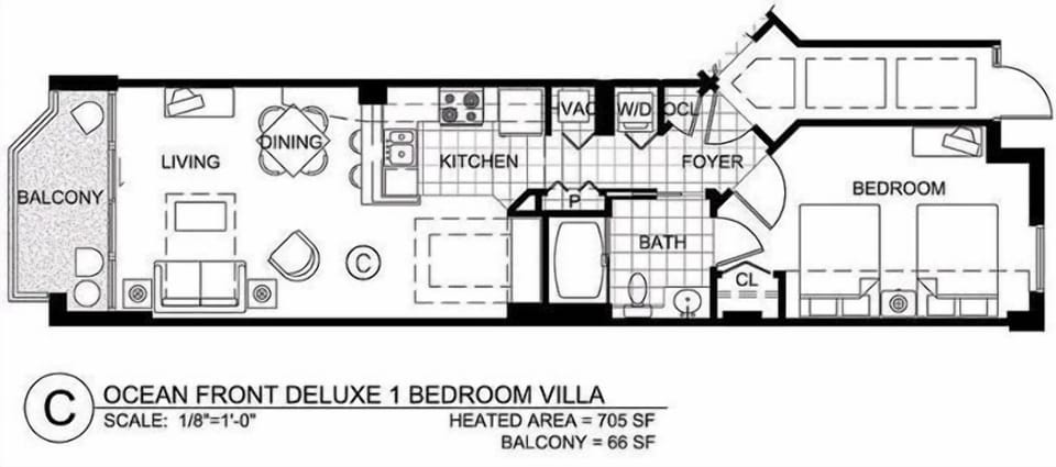 Floor Plan - Heated Area: 705 SF - Balcony:65 SF