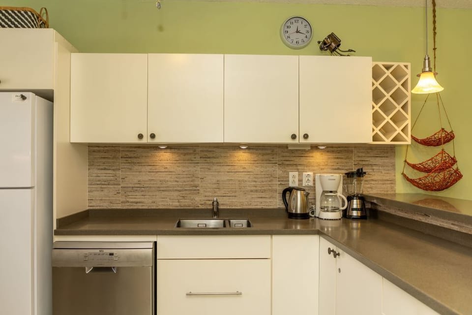 dishwasher, wine rack, blender, coffee and tea makers