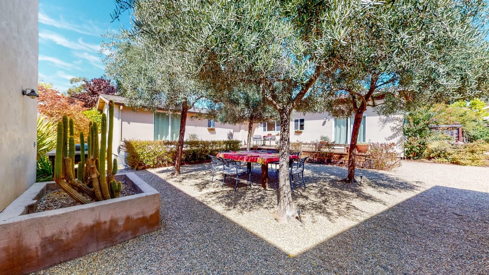 View from studio doors to outdoor dining area