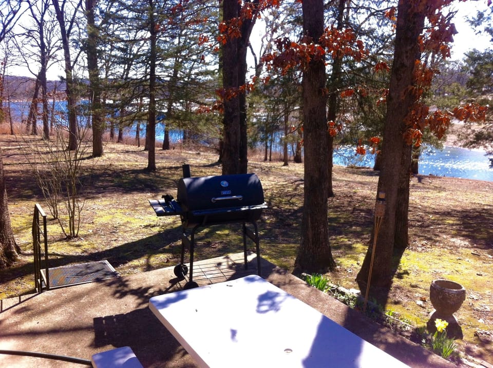 Lakeside porch with picnic table and grill with view of lake