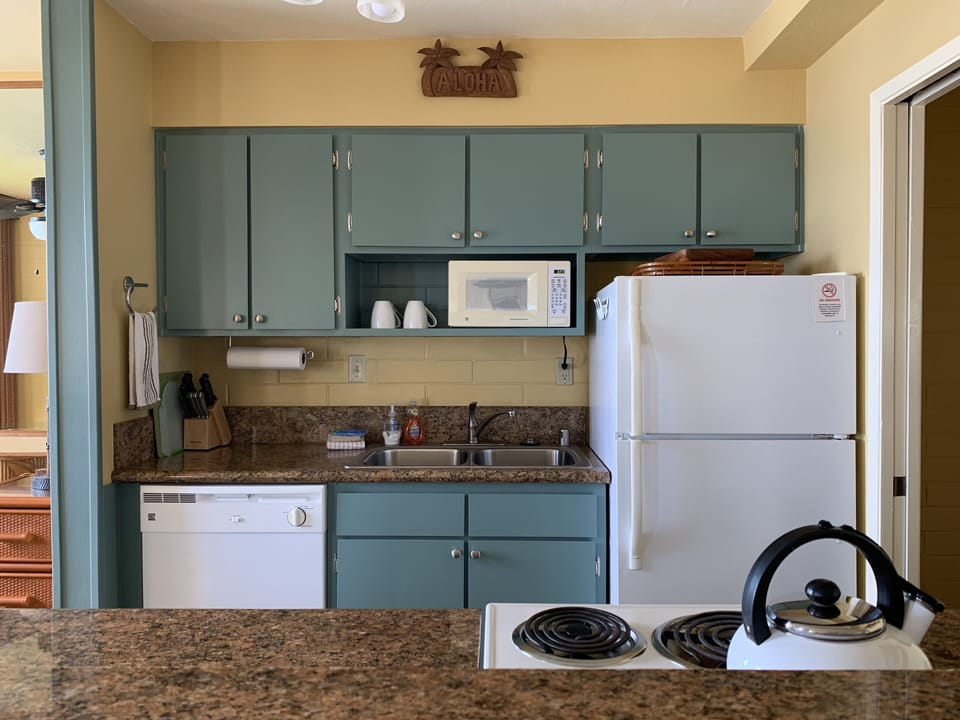 Fully-equipped galley kitchen. New dish sponge and soap provided for each guest.