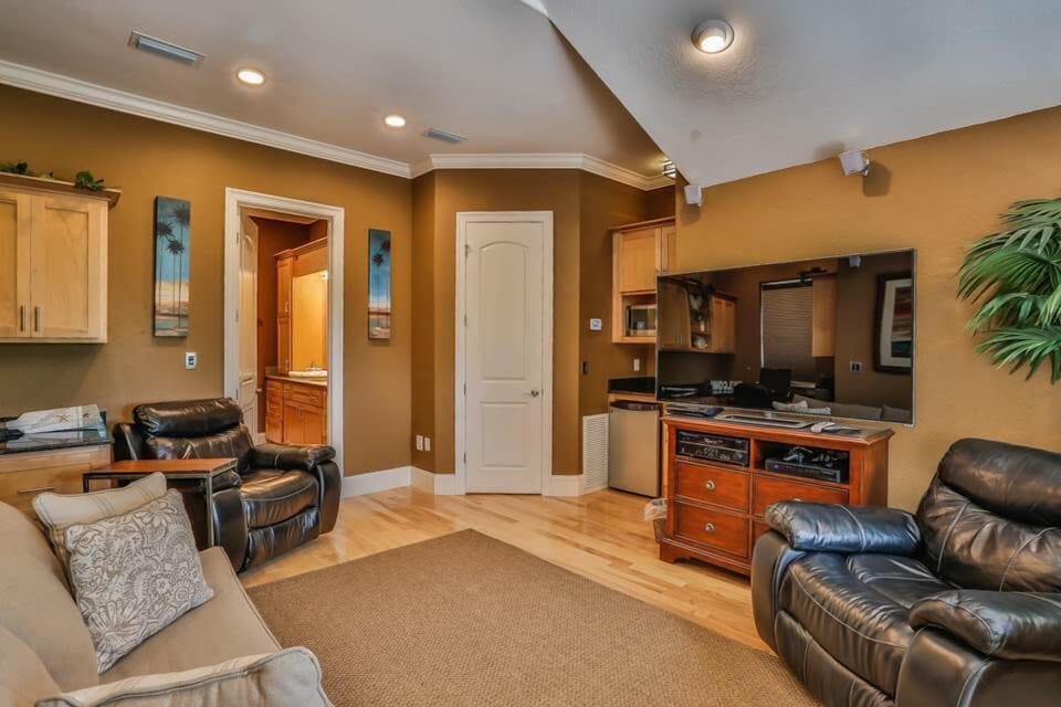 Guest house area with bathroom in the background