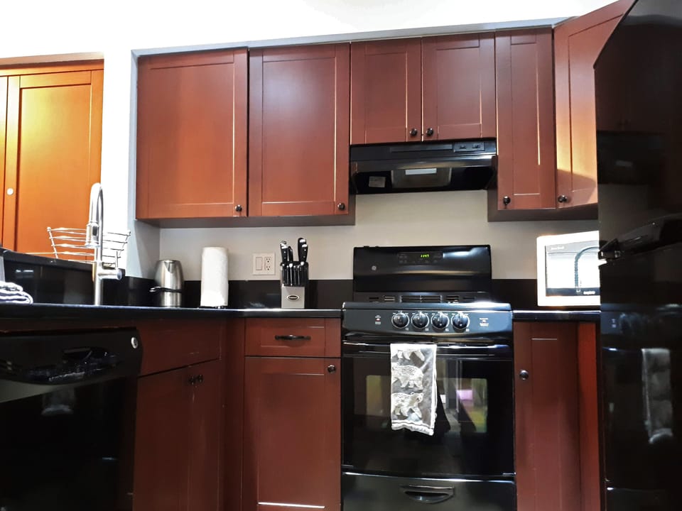 Kitchen outfitted with stove, oven, microwave, dishwasher, kettle, refrigerator.