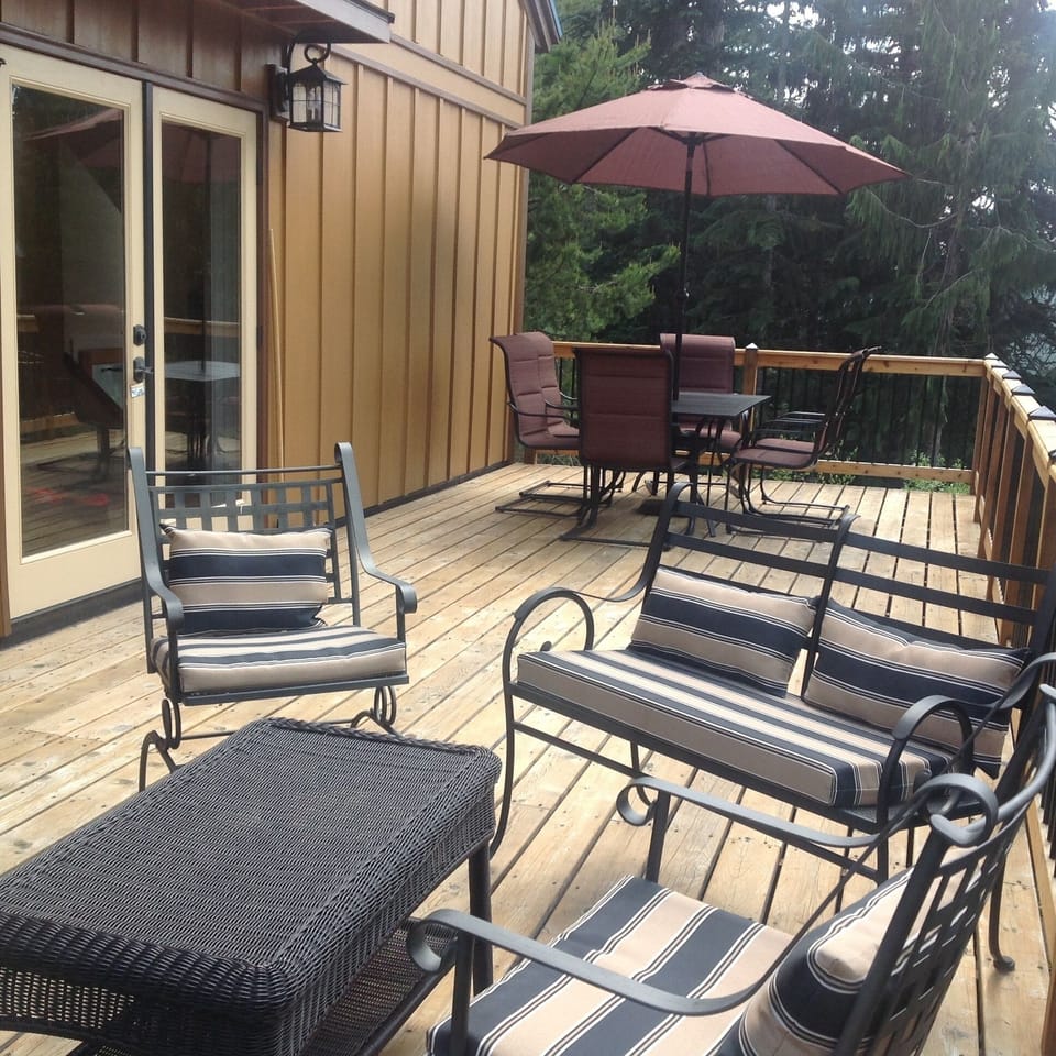 Deck has seating for 12 people and a new BBQ