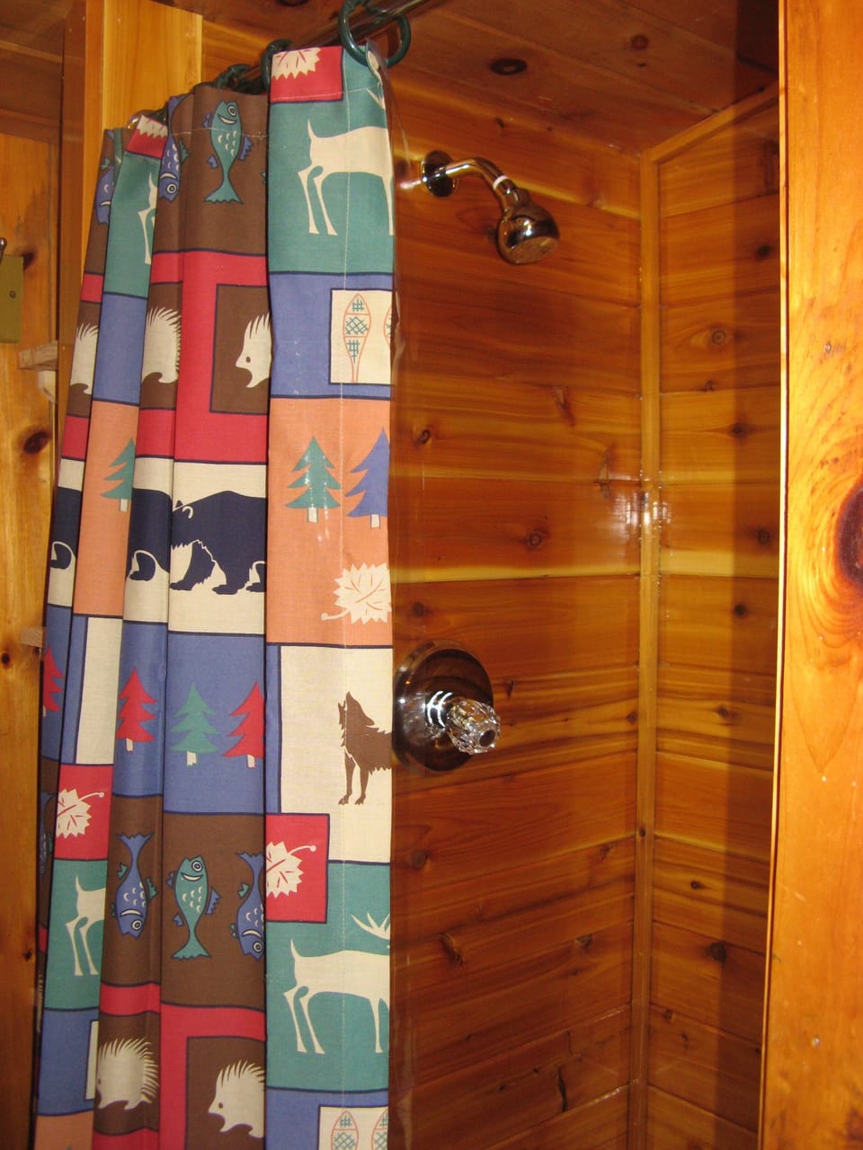 Bath with new cedar wood shower.