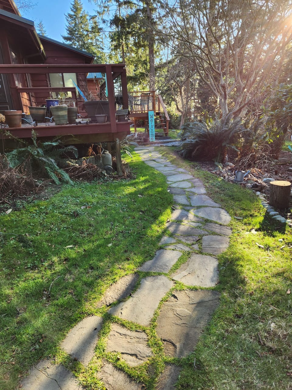 Stone walkway leads to the entrance