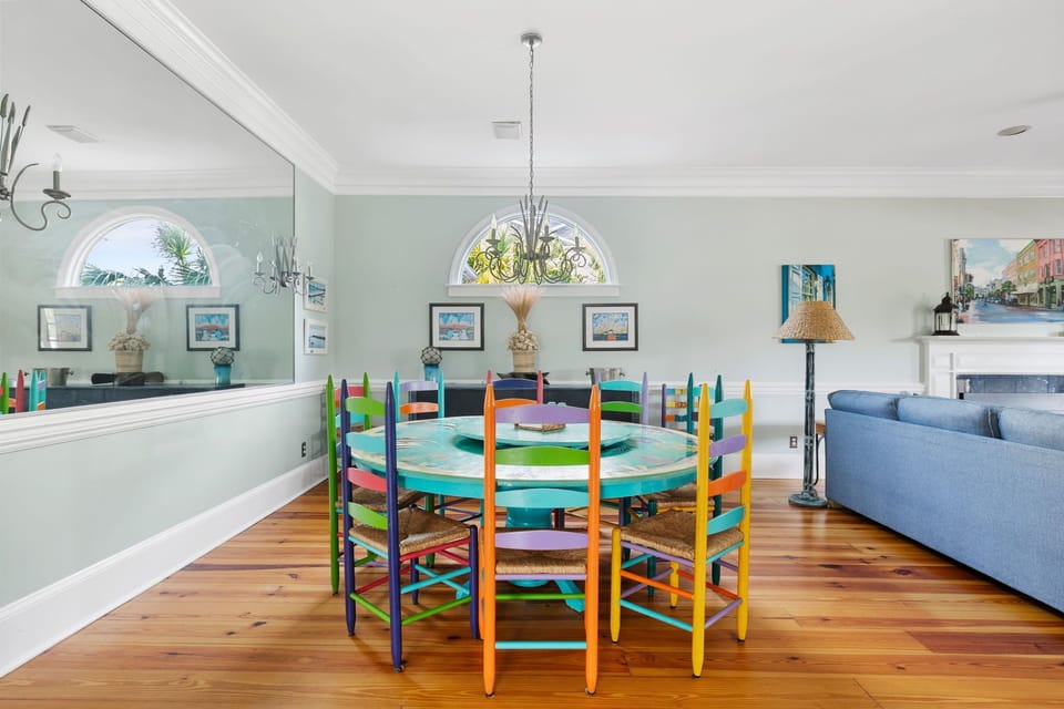 Custom-made and hand-painted dining table. Seats 12 for "grub" and games.