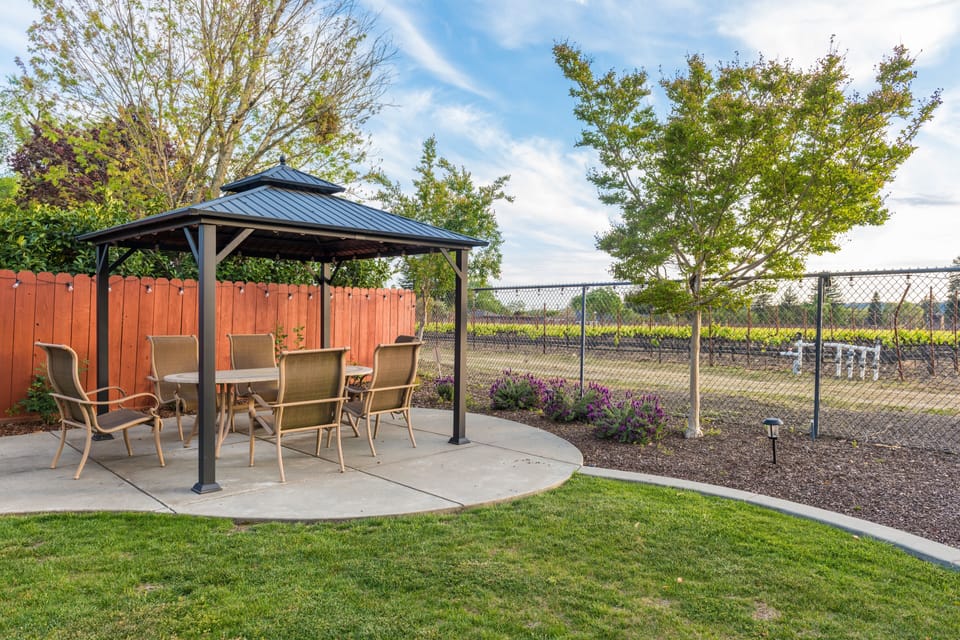 Outdoor seating overlooking vineyard