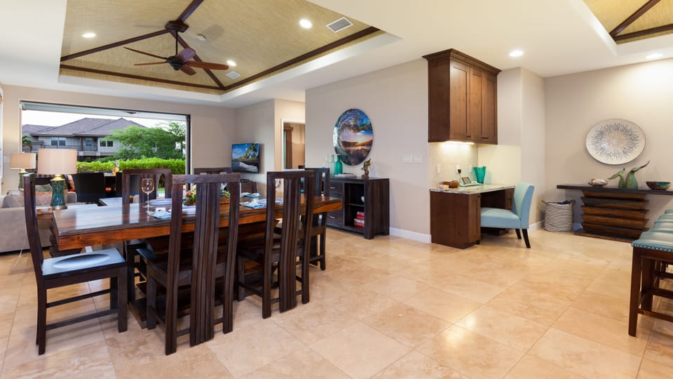 Indoor dining table with seating for six and separate work station