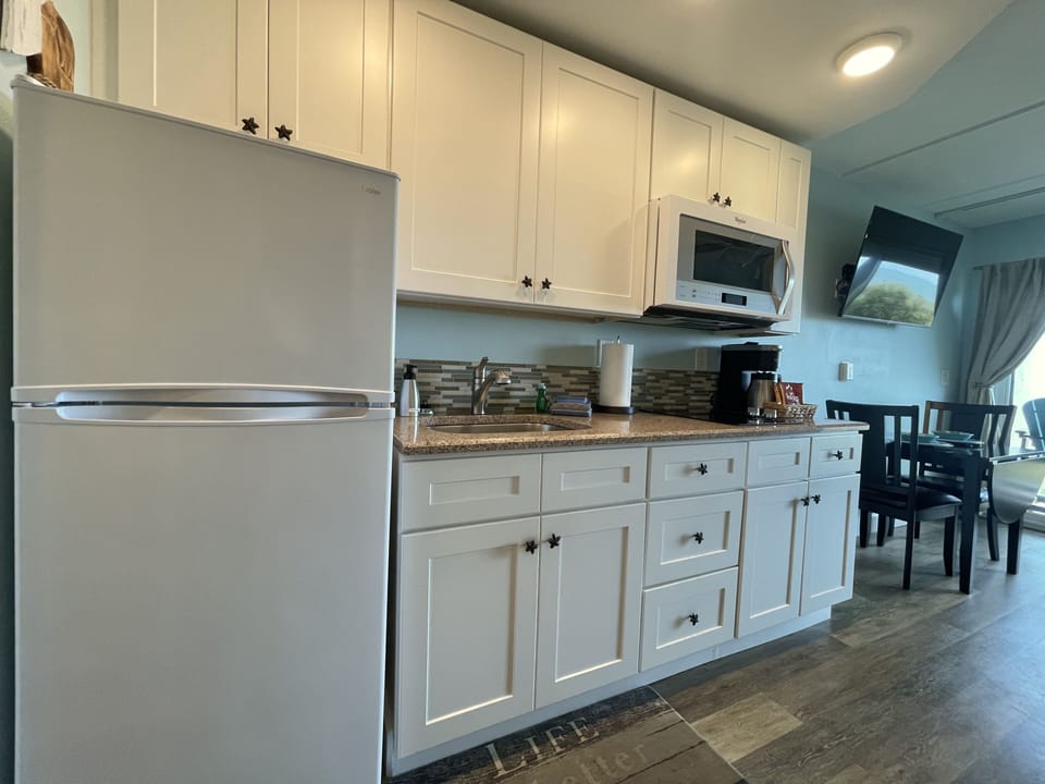 Refrigerator, quartz countertops with oversized sink and plenty of cabinet space