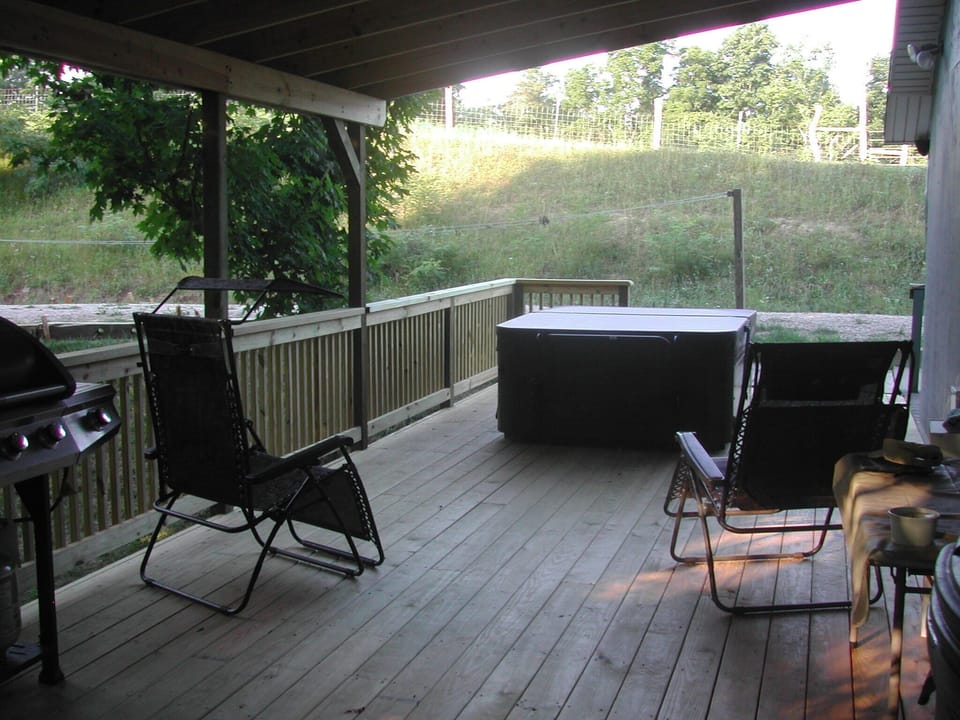 Our new 3-person hot tub on the spacious shady deck.