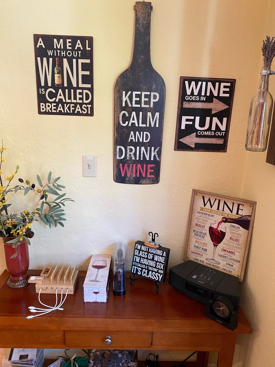 Phone and iWatch charging station. Bose. Wine opener “central” in dining room