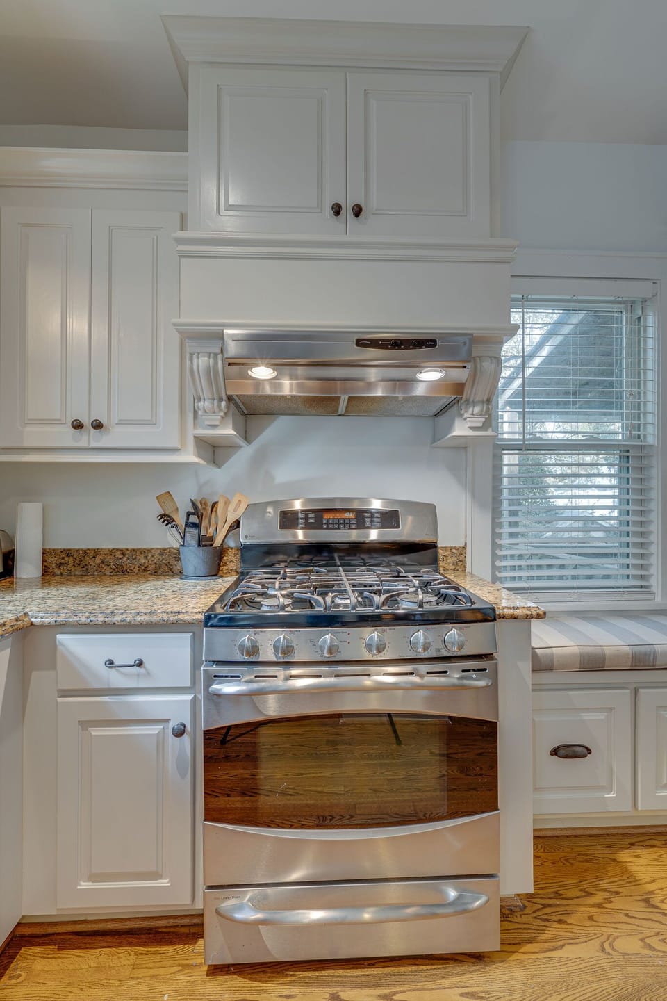 New stainless gas range, refrigerator, microwave and dishwasher.  Keurig, too.