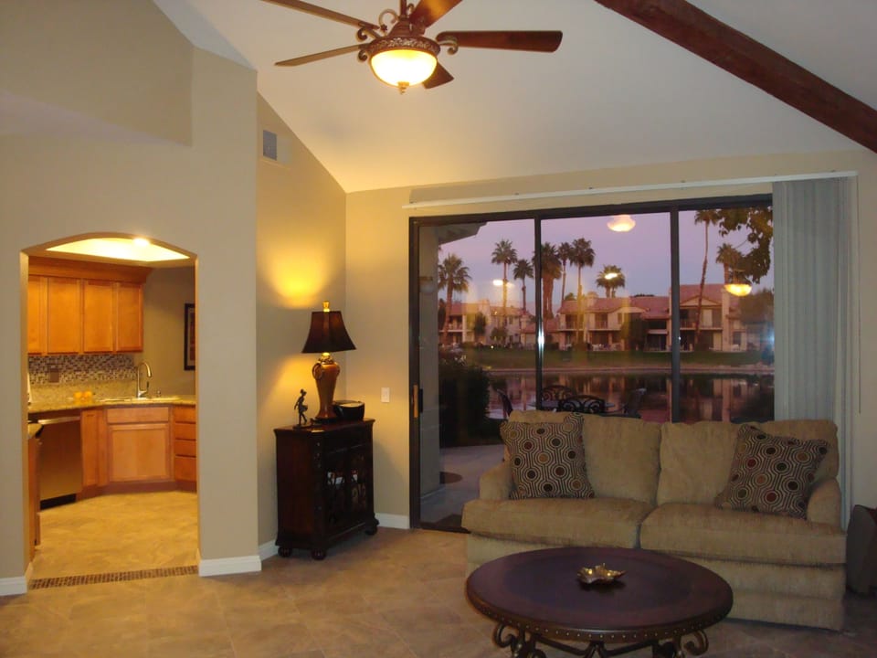Living room with view of lake.