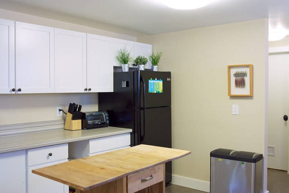 Full size refrigerator, freezer, toaster oven, blender and food processor.