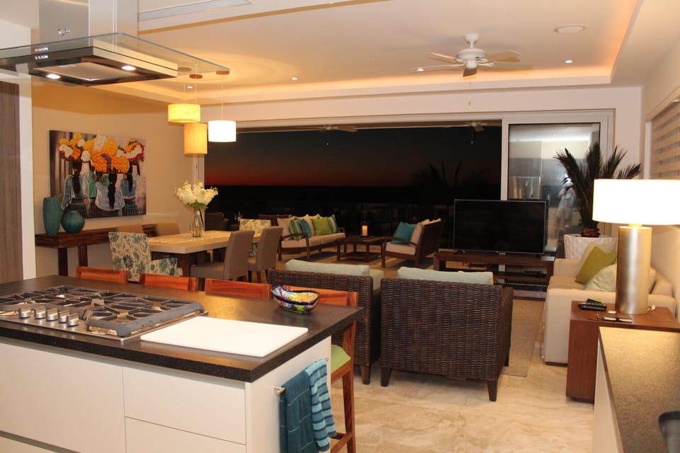 View of our main area of the unit looking out to the sunset sky.
