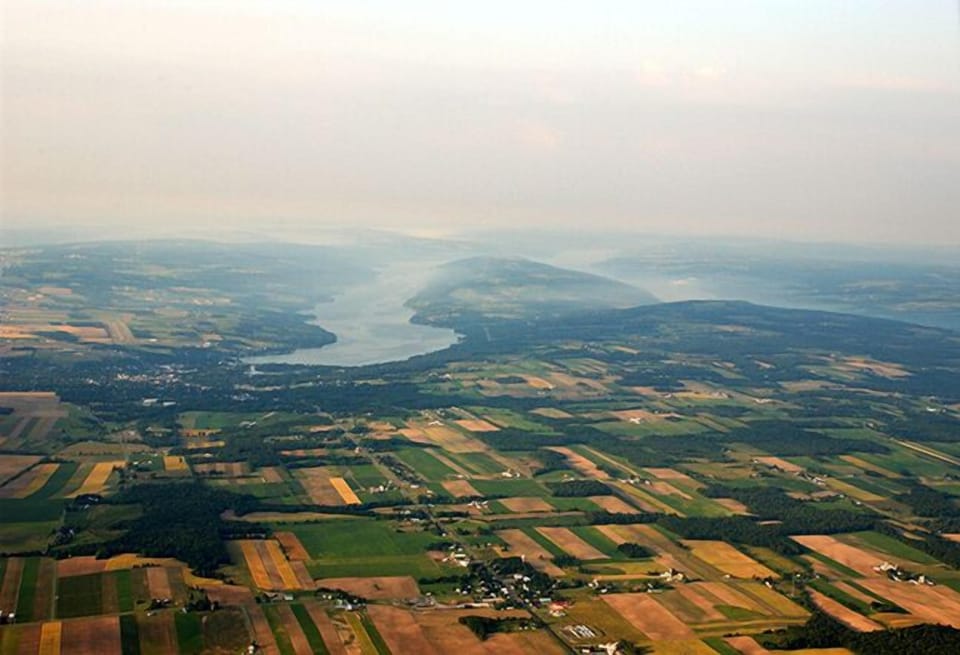 Aerial photo of Keuka Lake from North: Y-shaped, 50 miles of shoreline