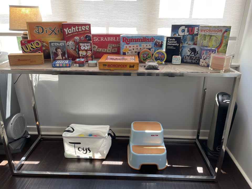 game table, portable heater, portable fan, step-stool