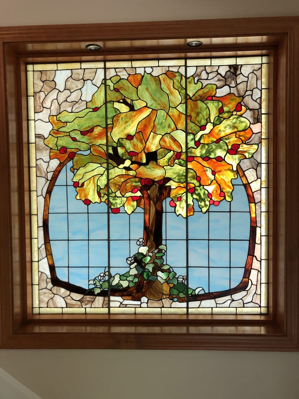 Stained glass made by Poppie (Ralph) in entrance of cottage