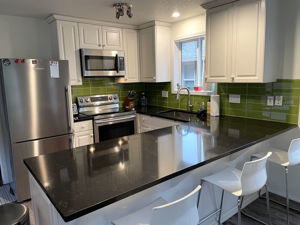 Fully equipped kitchen with microwave, dishwasher, stove, & hot water on demand