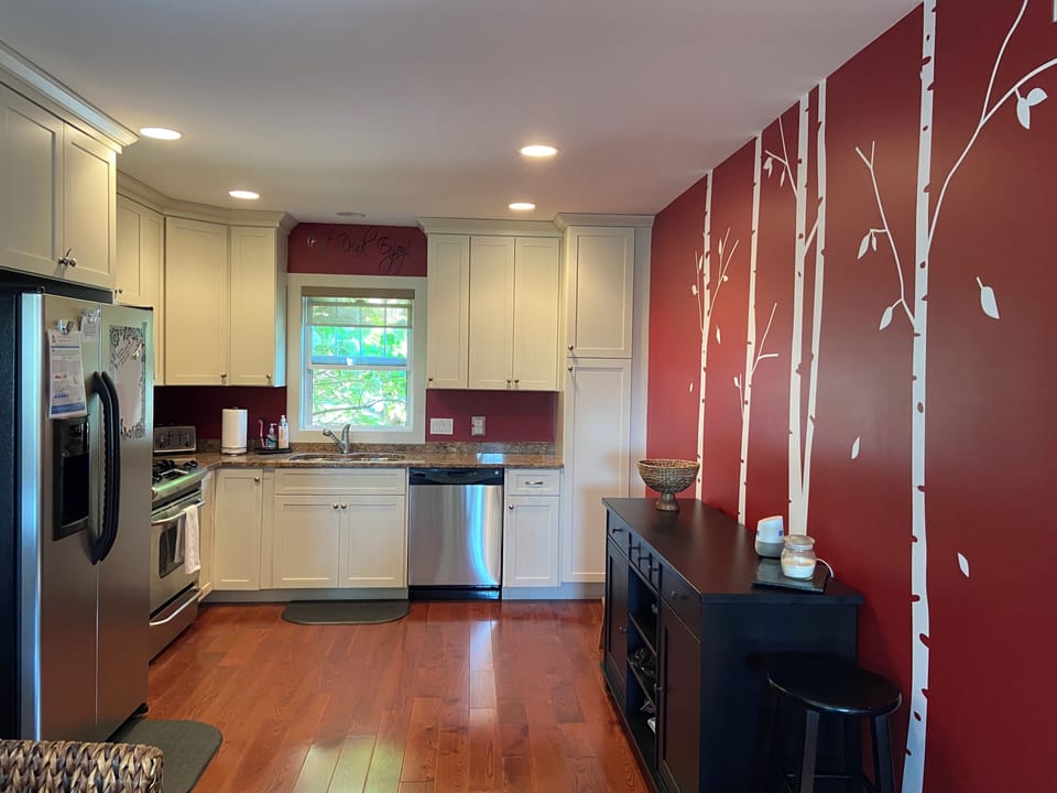 Fully equipped, modern, open plan kitchen on main/first floor.
