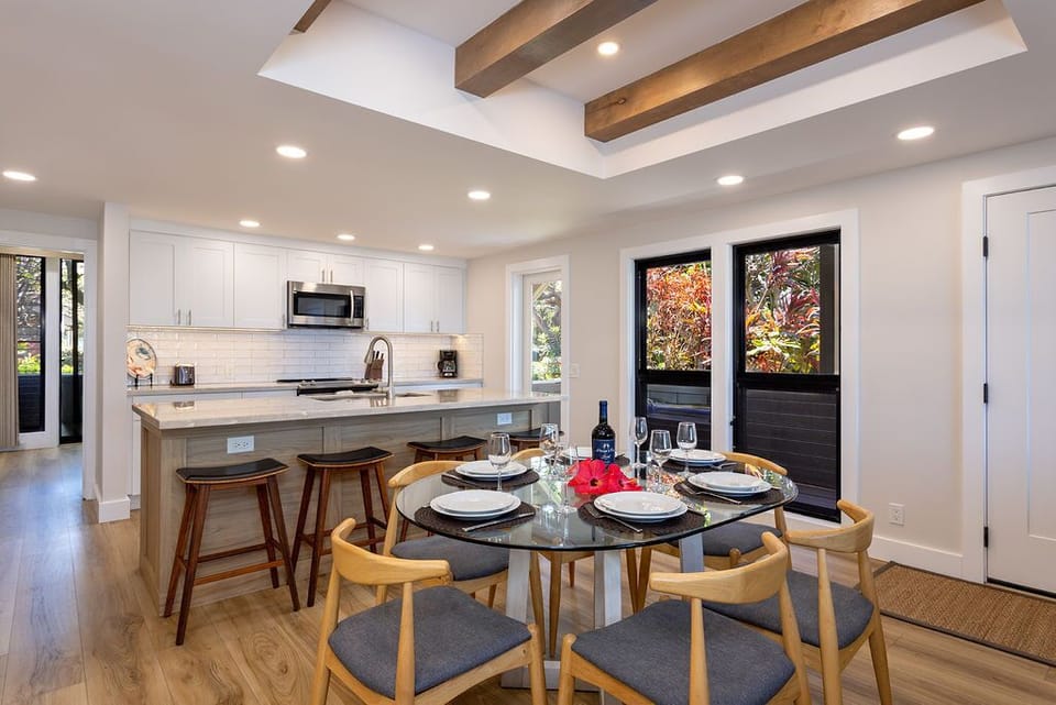 Dining table with seating for 6 and 3 bar stools.