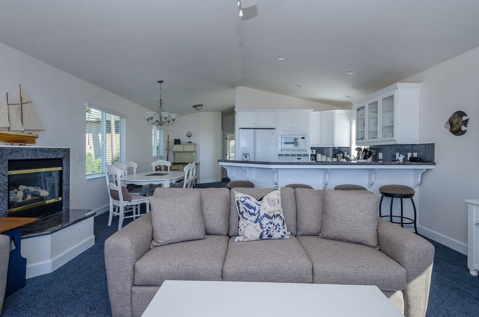 Very open kitchen, living, and dining areas