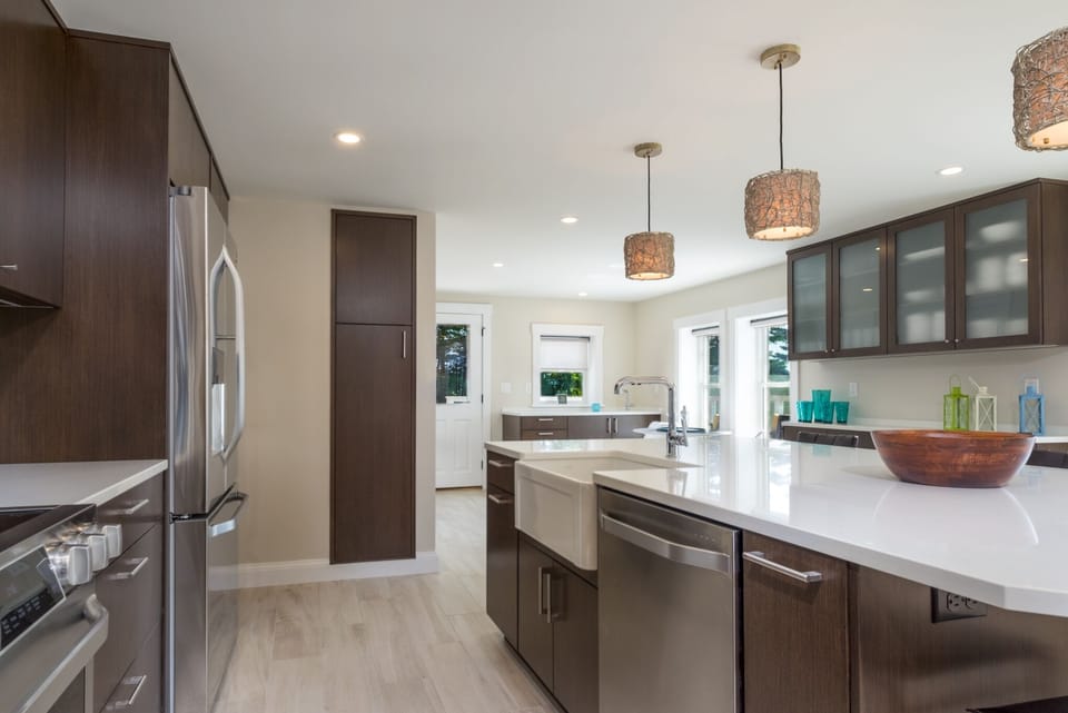 Kitchen with stainless steel appliances.
