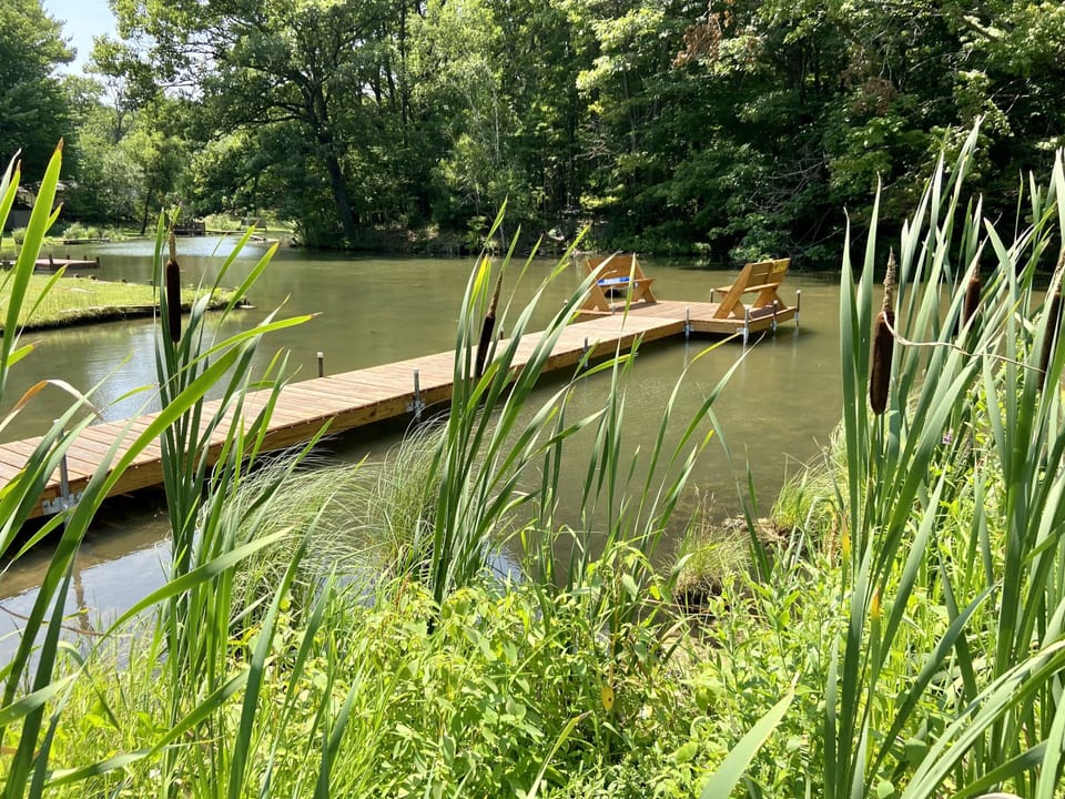 A long dock with a 10’x8’ platform and benches.