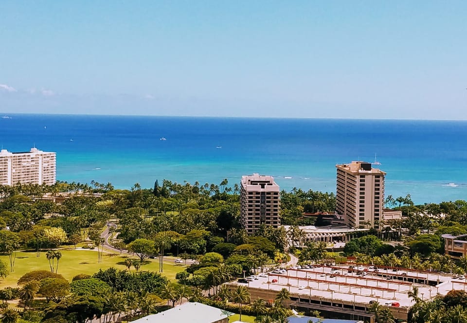 Window view of ocean and Fort DeRussy park