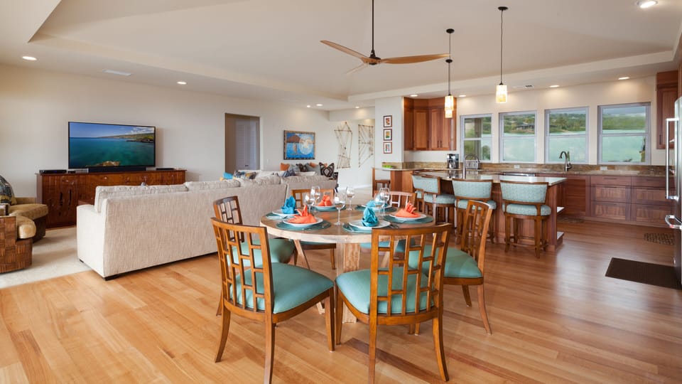Large open concept dining, kitchen and living