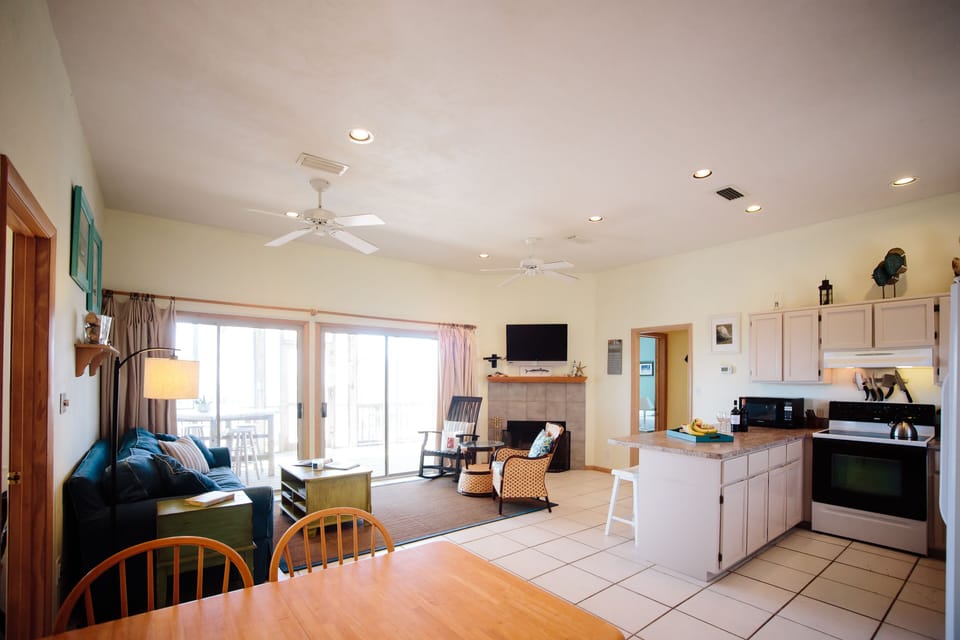 Kitchen and Living room.