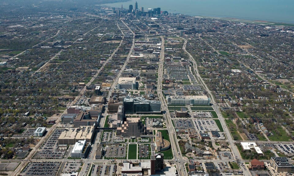 Bird's eye of The Cleveland Clinic looking to downtown Cleveland.  