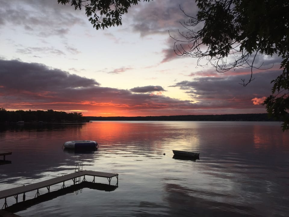 Early morning summer vista; shared BEIGE dock with West Lake Cottages 