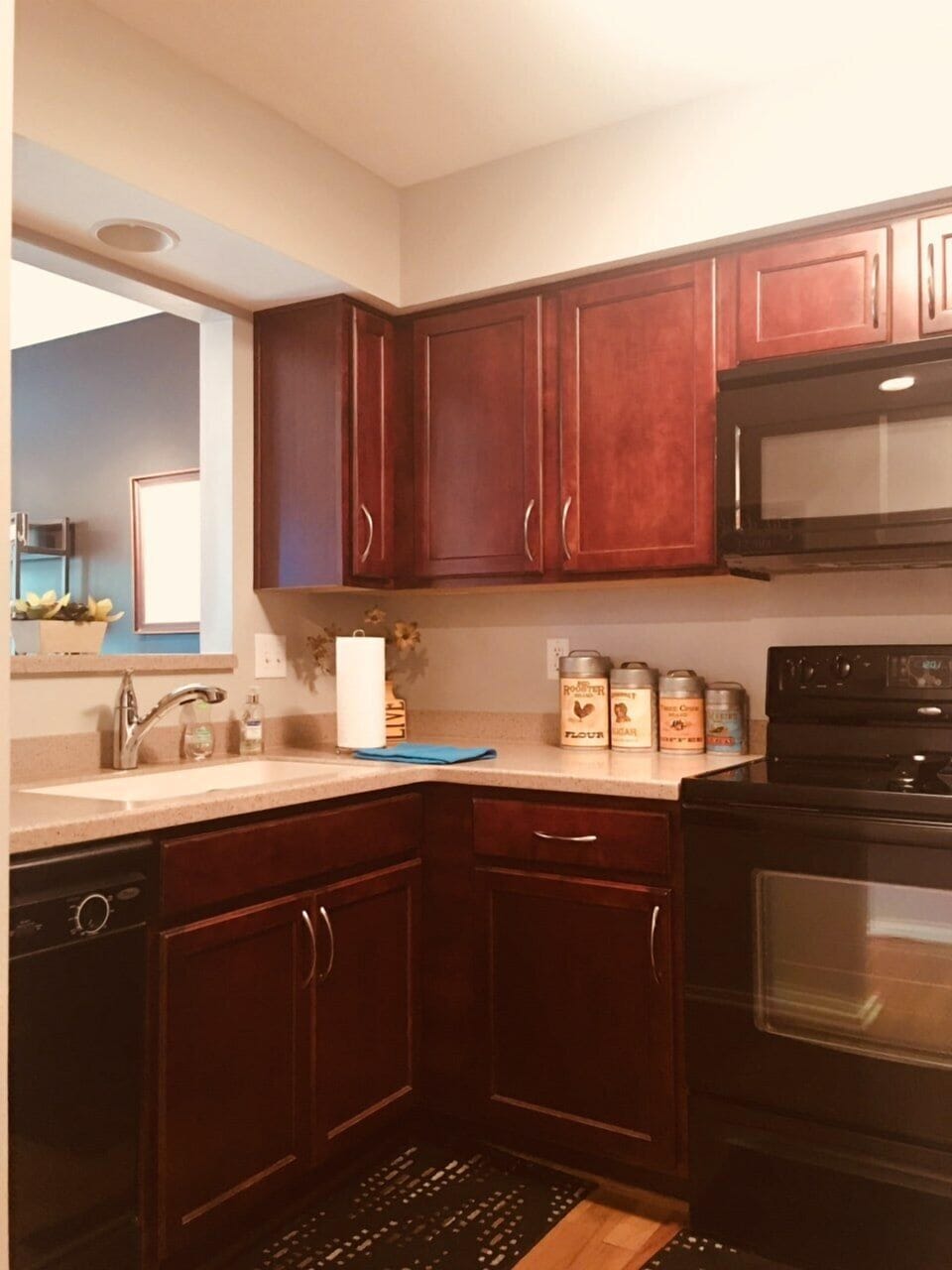 Microwave, stove , Fridge and coffee maker , everything a kitchen needs.