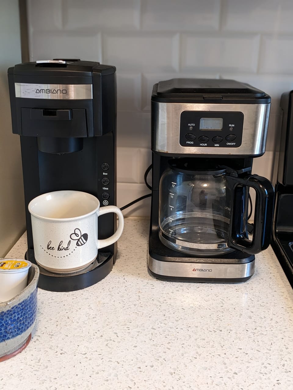 Drip coffeemaker with filters and K Pod coffeemaker with a few K pods too.