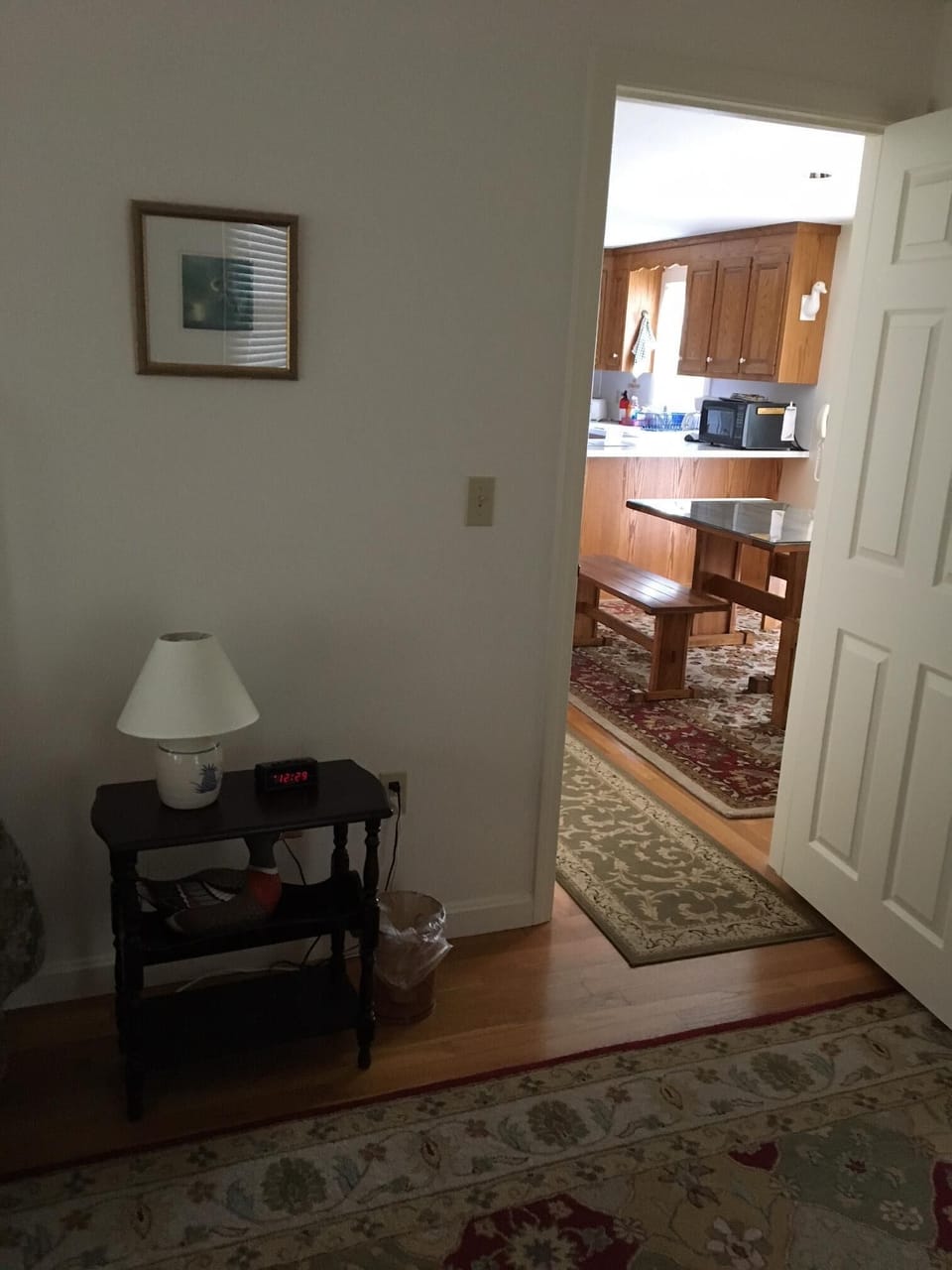 View from downstairs master bedroom to kitchen/DR area