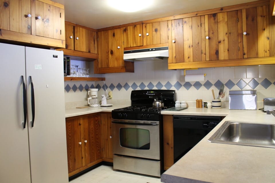 A fully equipped kitchen looks out to the back yard.