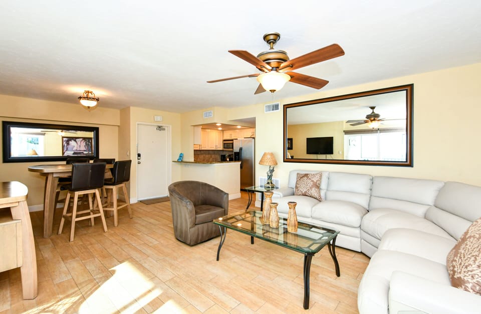 Spacious living room combines with dining area right off the kitchen