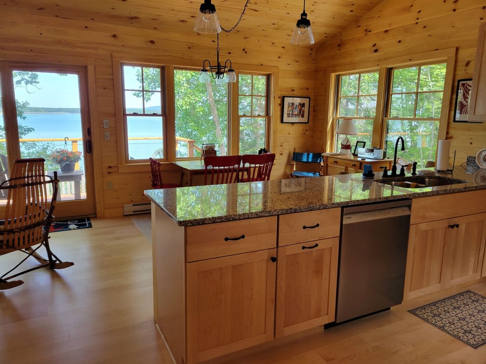 Open floor plan provides views of the bay from the kitchen. 