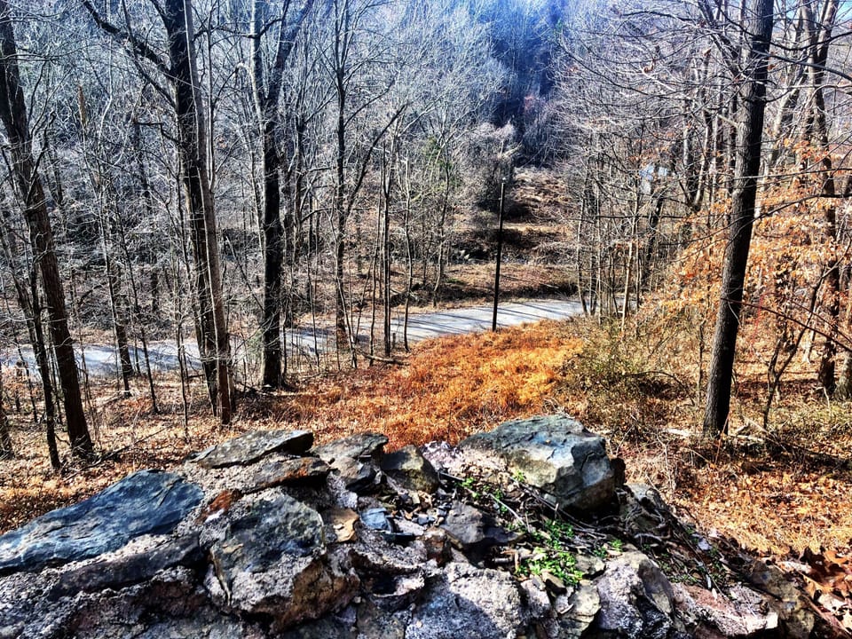 View of road and stream from cabin up on the mountain