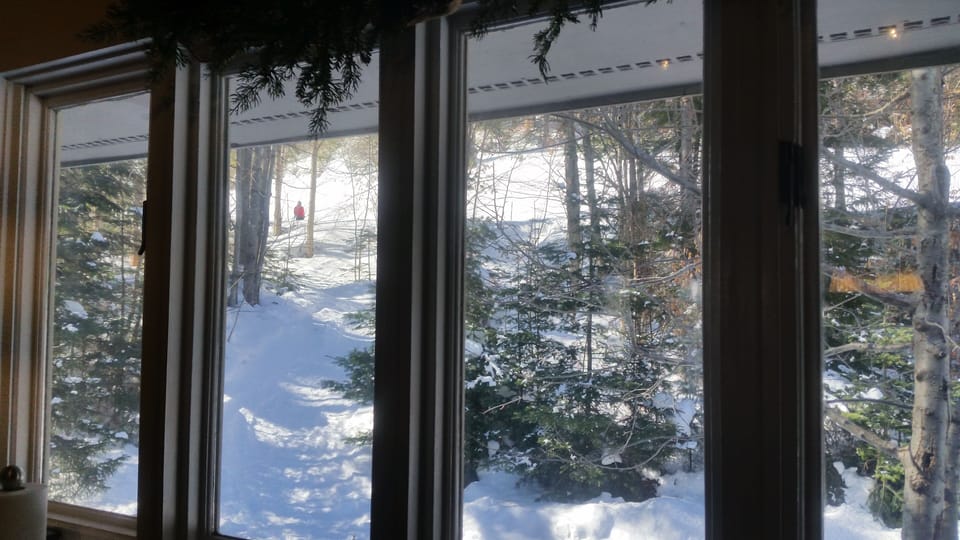 Winter view to direct ski trail access on left. See skier in red on trail!!