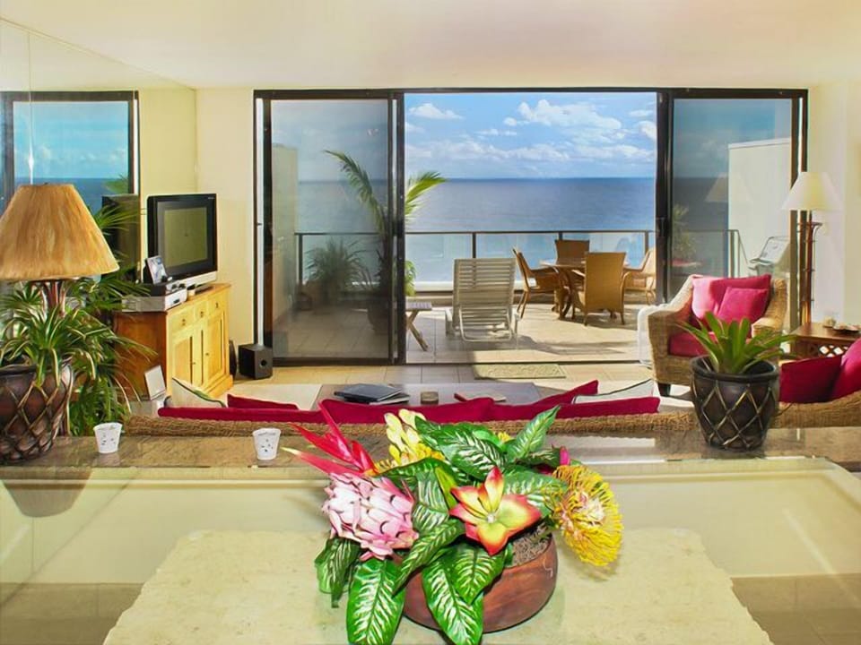 A look out towards the deck from the kitchen.. A full ocean view.