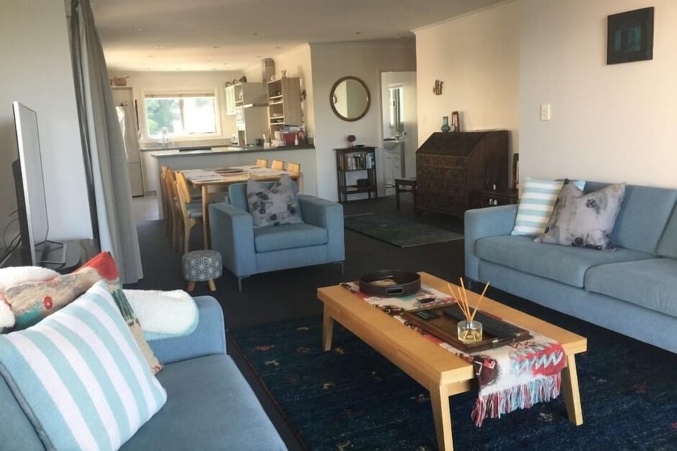 View of open plan living and dining areas.