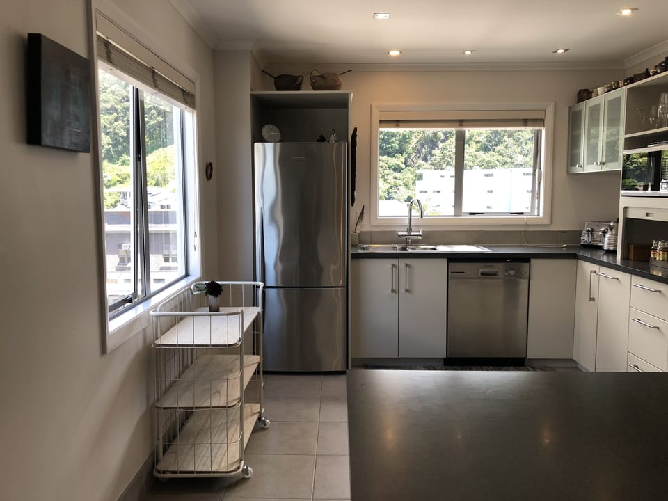 Kitchen with all you need and great views including Te Wairere waterfall.