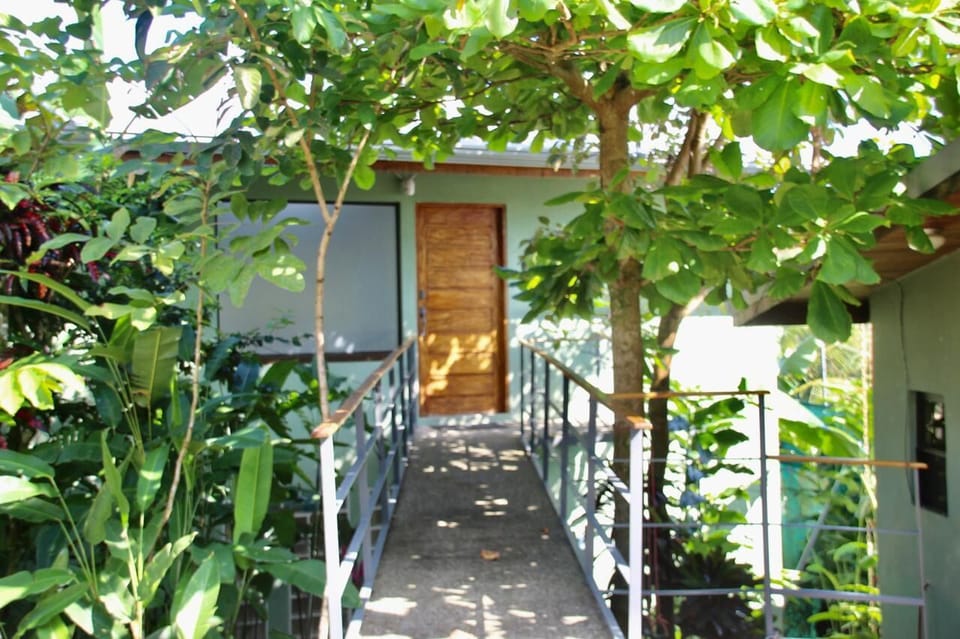 A semi shaded foot bridge leads from the front gate to the front door.