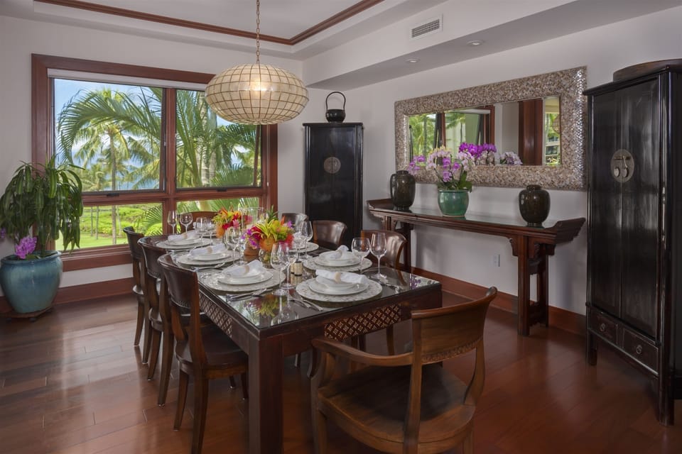 Interior Formal Dining Room with Mother of Pearl Inset Table and Mirror