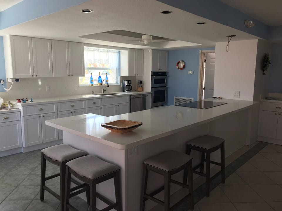 Open kitchen area with high end appliances.