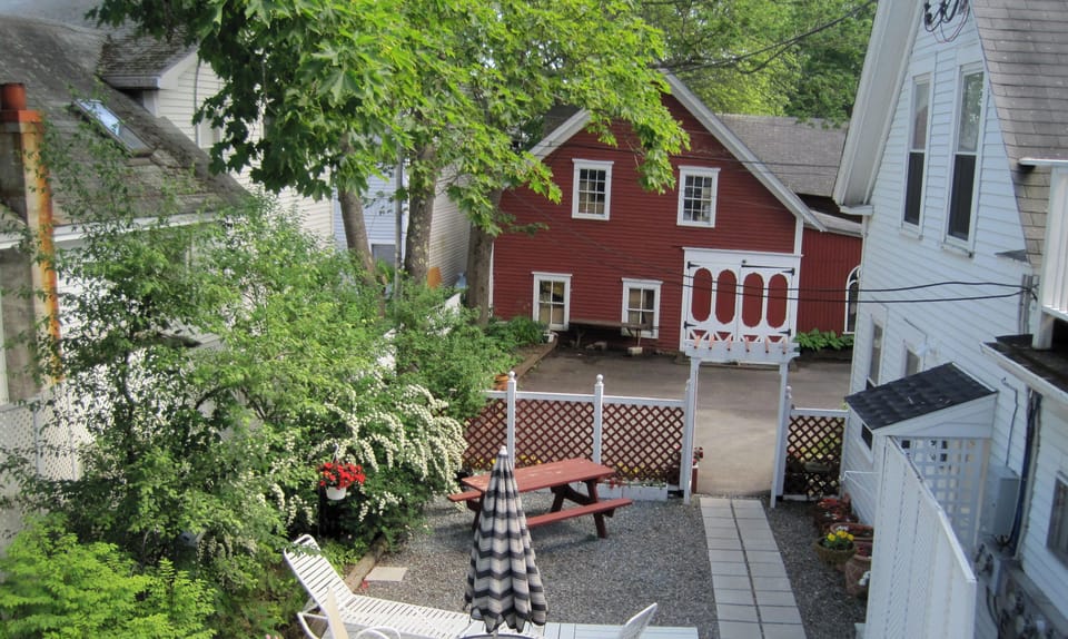 View of spacious sun filled courtyard